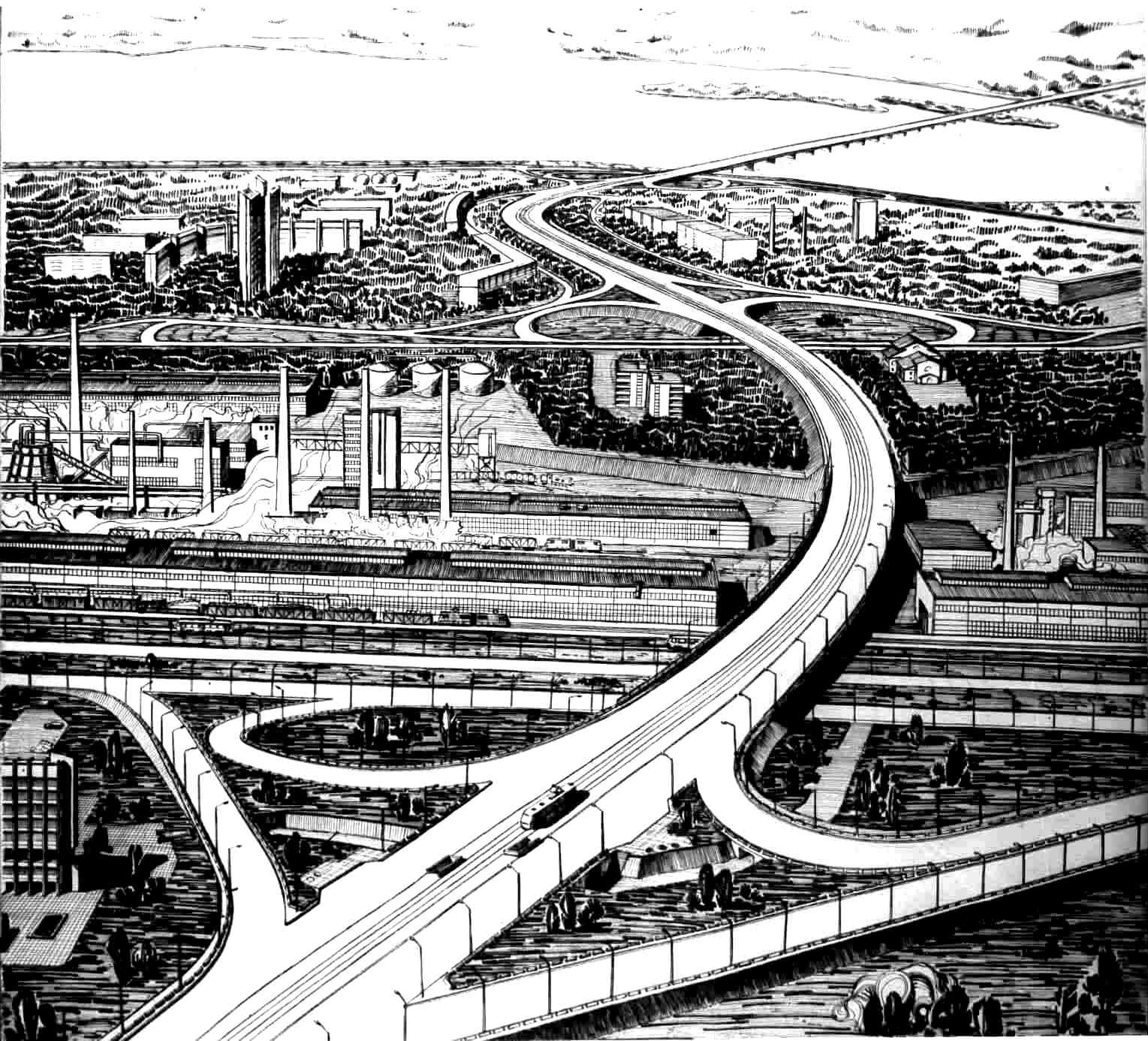 Такими уявлялися естакада та мостовий перехід із Кайдацького мосту в 1970-і роки. Історія Дніпра: Кайдацькому мосту – 40 років