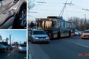 В Днепре на Набережной Победы столкнулись Volkswagen и троллейбус №10: образовалась огромная пробка